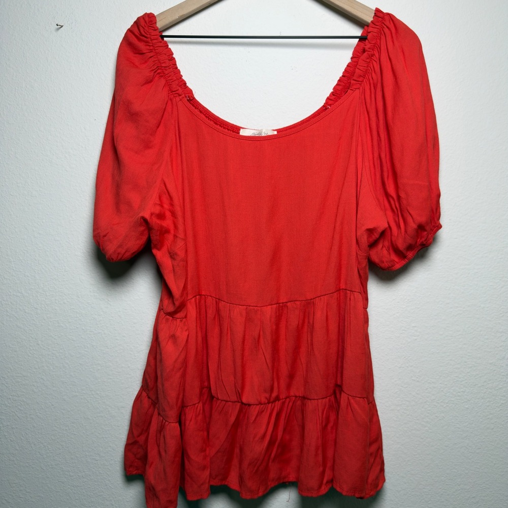 A Beautiful Soul Arula Women Top 2X Red Tiered Puff Sleeve Boho‎ Prairie Cottage